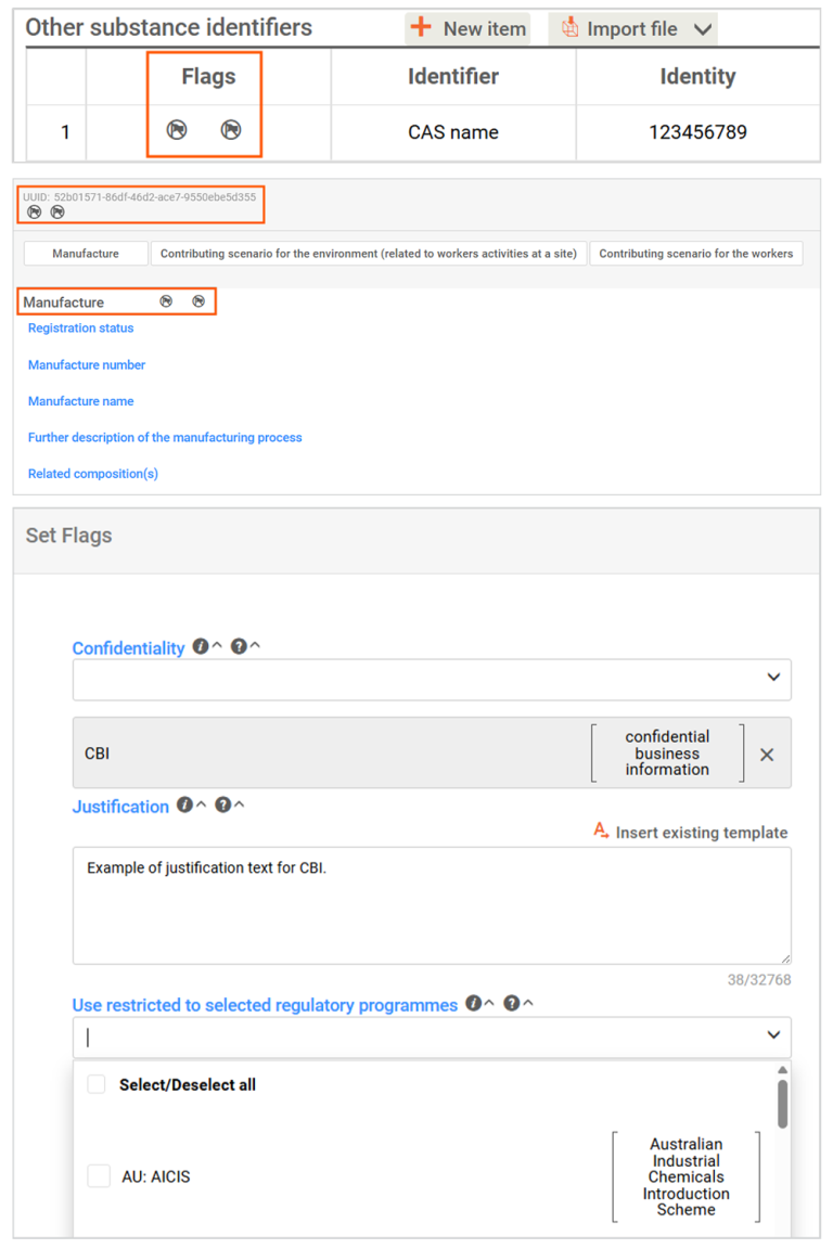 This image is 3 screenshots showing the flag icons in IUCLID for flagging as confidential business information (CBI), and the CBI details panel.