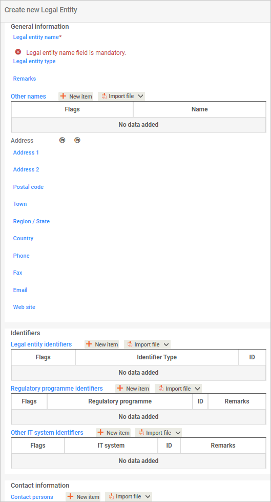 This image is a screenshot of the panel for creating a new legal entity in IUCLID.
