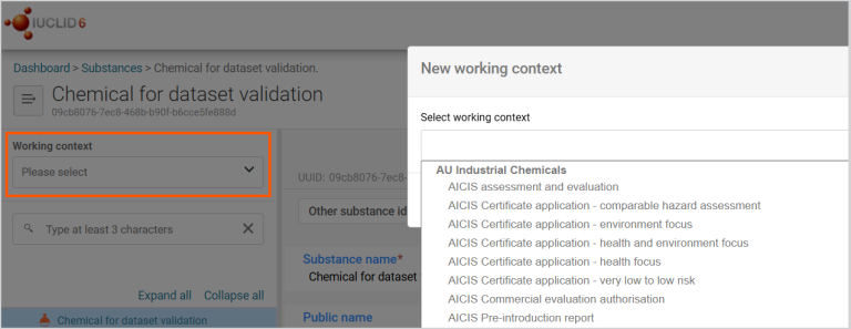 This image is a screenshot of the working context drop down options for AICIS in IUCLID.