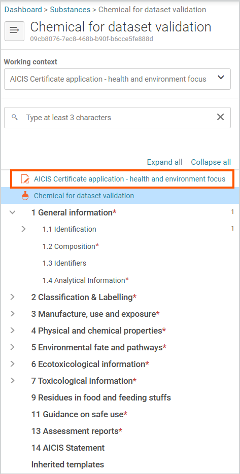 This image is of a screenshot showing the side panel navigation including sections related to an AICIS working context.
