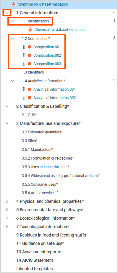This image is a screenshot of the navigation panel in IUCLID showing different sections and documents to select.