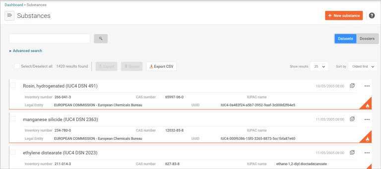 This image is a screenshot of 3 chemical datasets listed in the Substance section of IUCLID.