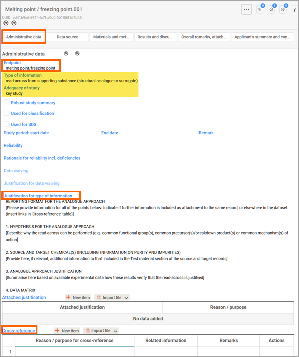 This image is a screenshot showing how to add read-across information in IUCLID.