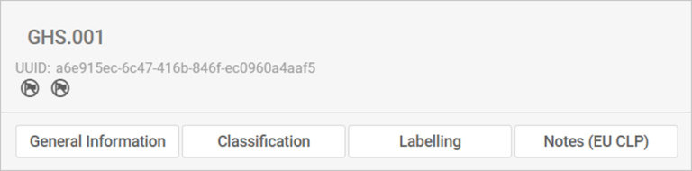 This image shows a screenshot of the general information, classification, labelling and notes tabs in the GHS section of IUCLID.