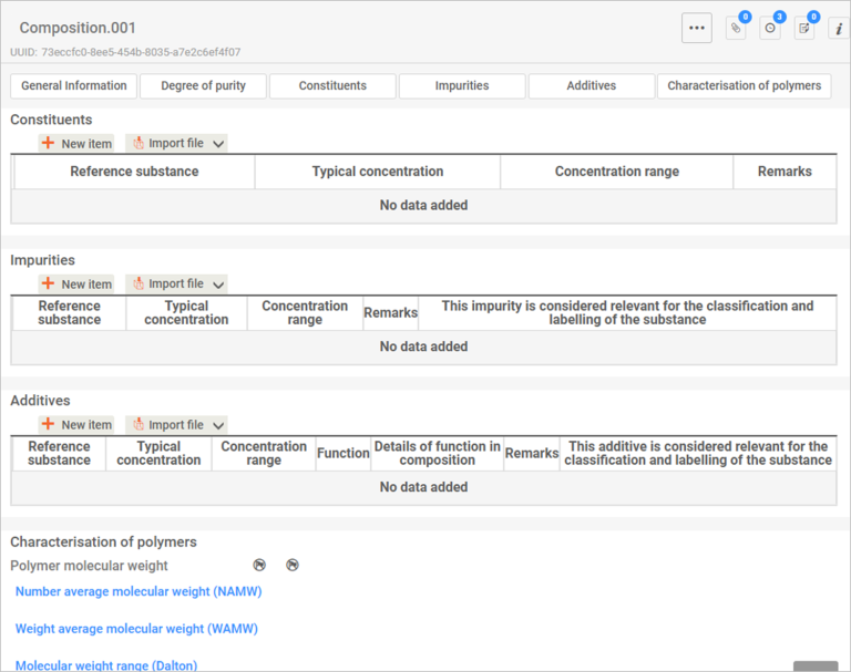 This image is a screenshot of the Composition screen in IUCLID covering constituents, impurities, additives and characterisation of polymers.