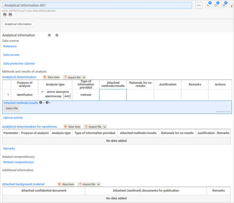 This image is a screenshot of the Analytical information screen in IUCLID.