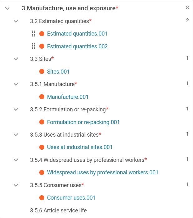 This image is a screenshot of the IUCLID navigation menu showing documents under Section 3, Manufacture, use and exposure.
