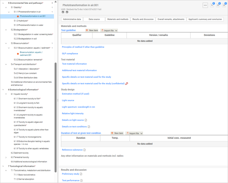 This image is a screenshot of a materials and methods data screen in IUCLID for Section 5, including the navigation menu showing sections 5 to 7.