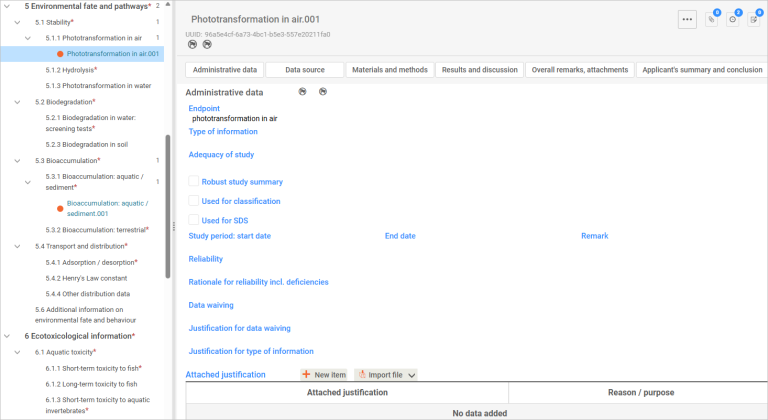 This image is a screenshot of an administrative data screen in IUCLID for Section 5, including the navigation menu showing sections 5 to 7.