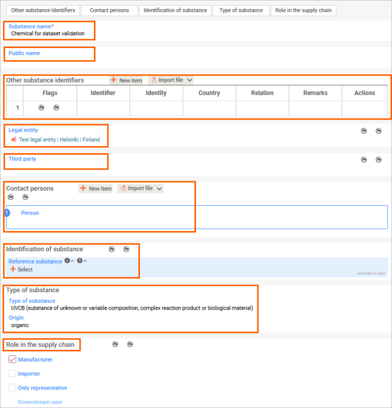 This image is a screenshot of the identification screen for substances in IUCLID, including fields to enter substance name and select the correct legal entity, etc.
