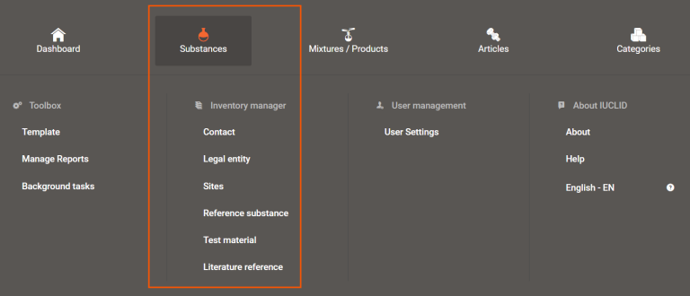 This image shows a screenshot of the Inventory manager menu in IUCLID.