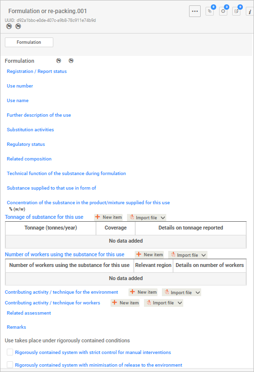 This image is a screenshot of the formulation or re-packing screen in IUCLID.