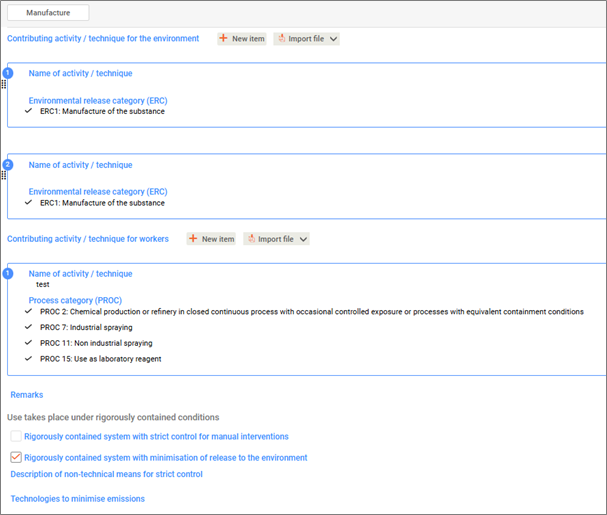 This image is a screenshot of some details filled under the manufacture screen in IUCLID.
