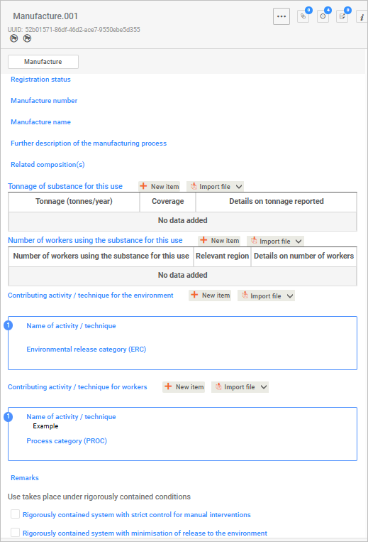 This image is a screenshot of the manufacture screen in IUCLID.