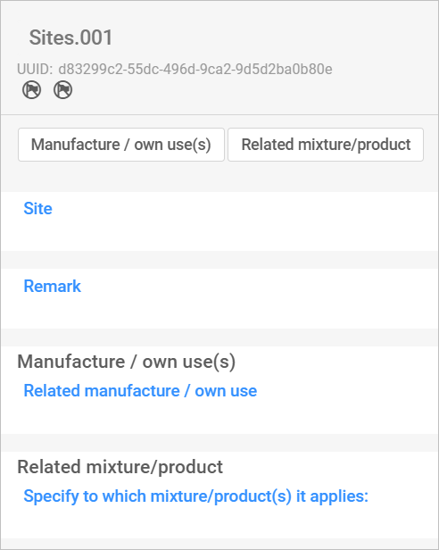 This image is a screenshot of the sites screen in IUCLID.