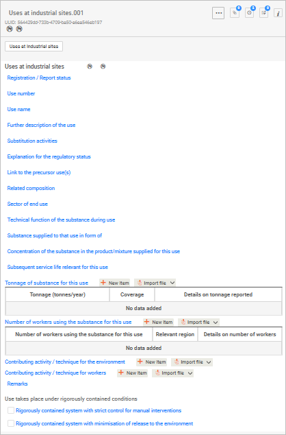 This image is a screenshot of the industrial sites screen in IUCLID.