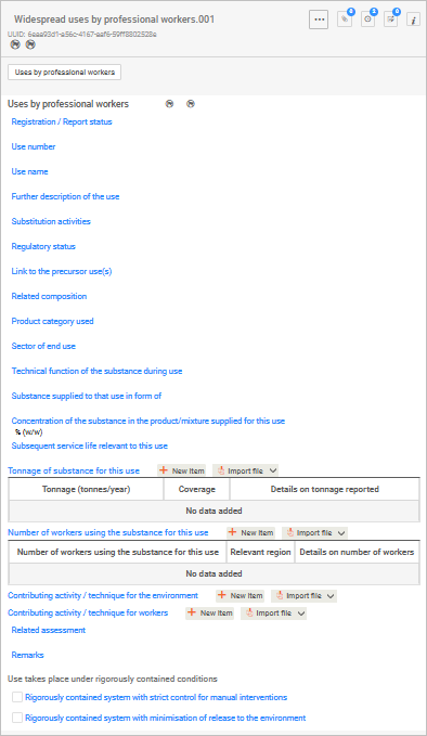 This image is a screenshot of the widespread uses by professional workers screen in IUCLID.