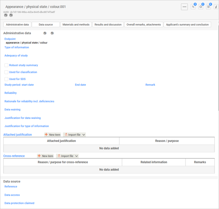 This image is a screenshot of the administrative data for physical and chemical properties of a substance in IUCLID.