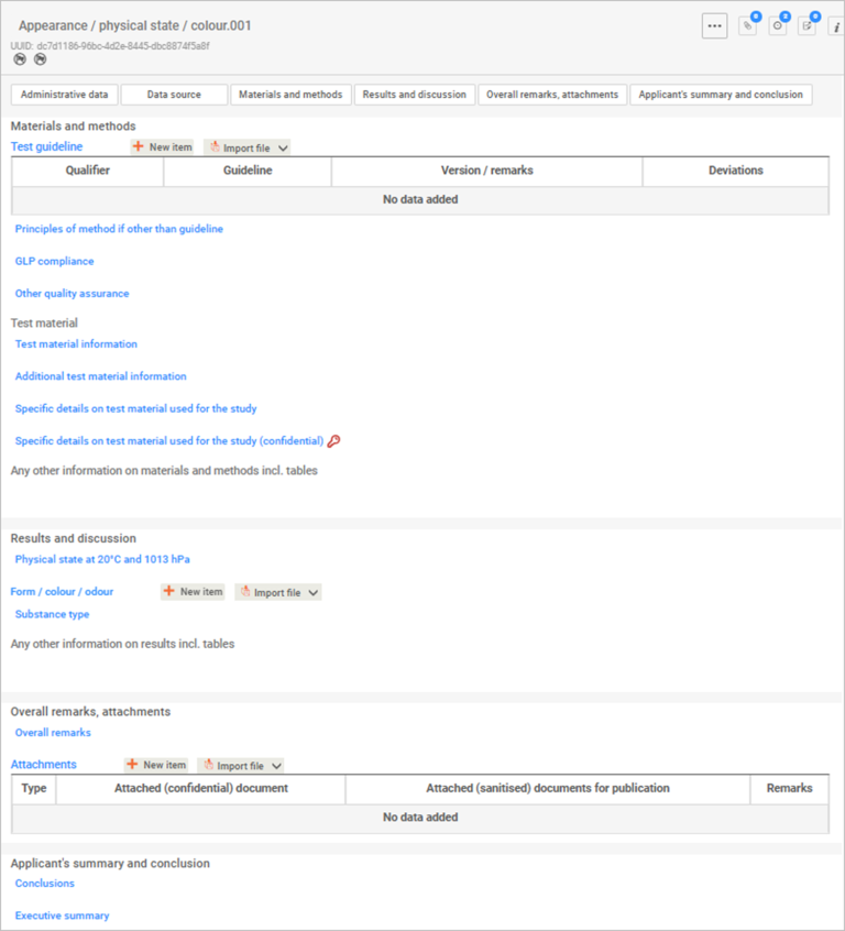 This image is a screenshot of the materials and methods data for physical and chemical properties of a substance in IUCLID.