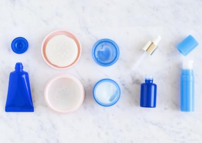 Bottles and containers of beauty products