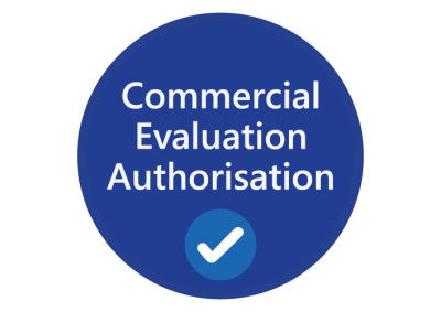 Icon that reads 'Commercial evaluation authorisation' with a tick mark