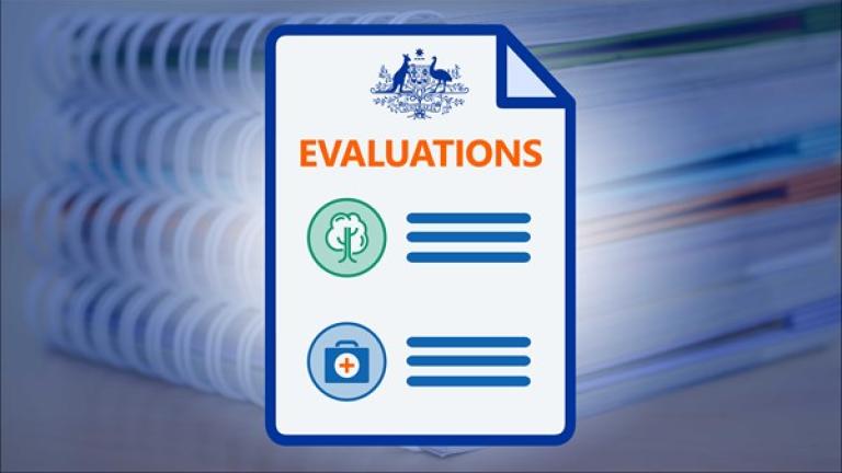 Decorative image of evaluations icon and notebooks in the background