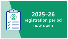 Decorative image of a clip board showing the 2025–26 registration period now open