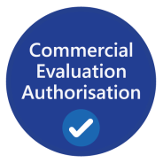Icon that reads 'Commercial evaluation authorisation' with a tick mark